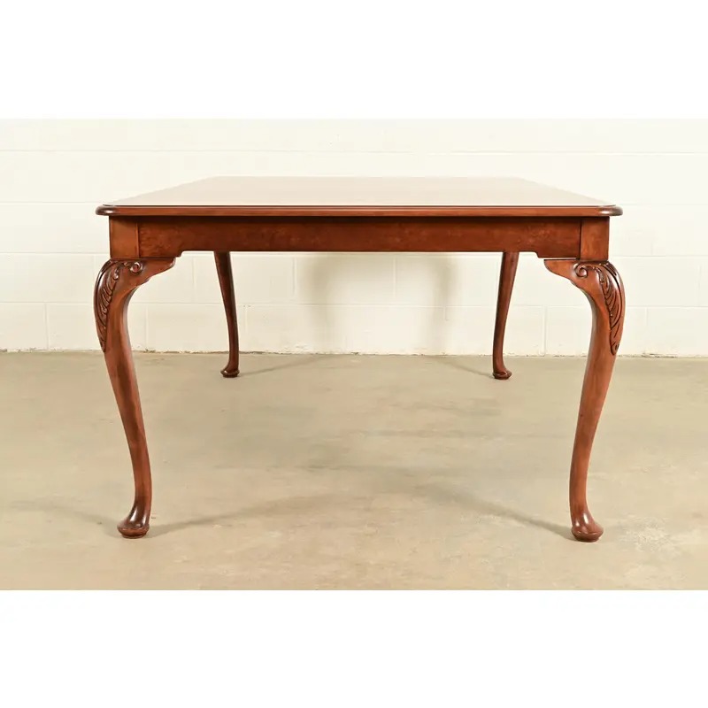 Baker Furniture Queen Anne Carved Cherry and Burl Wood Extension Dining Table, Newly Refinished - Image 12