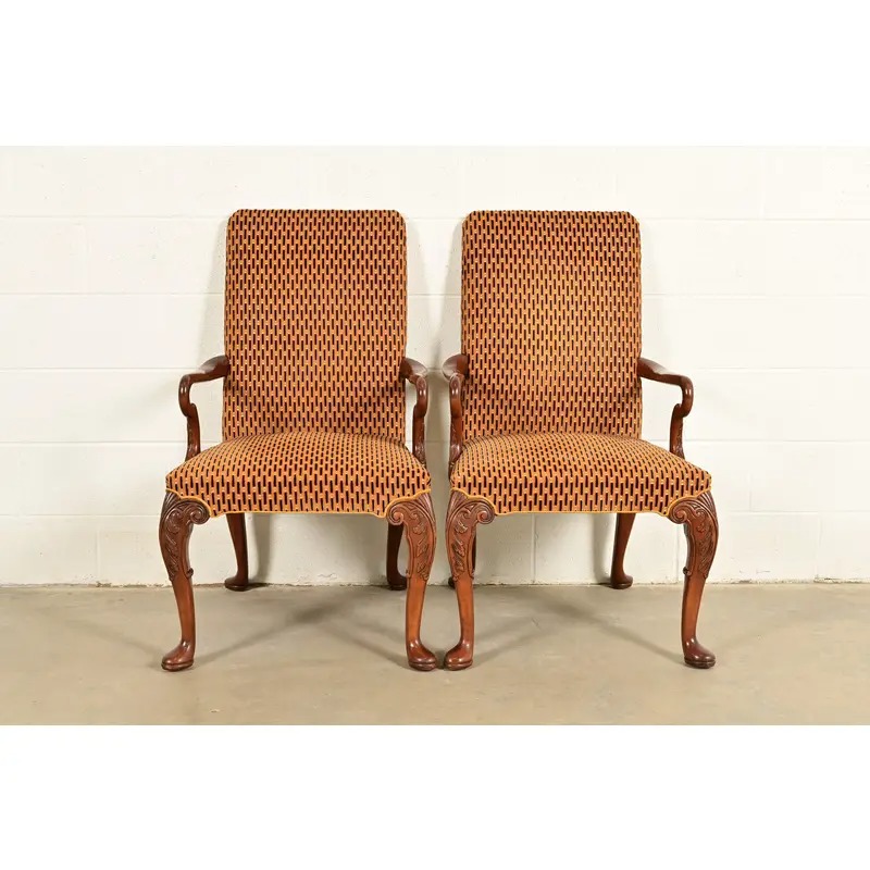 Baker Furniture Stately Homes Georgian Carved Mahogany Open Arm Library Chairs, Pair