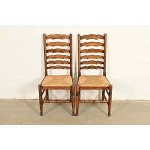 Baker Furniture Style English Country Rustic Carved Solid Oak Ladder Back Dining Chairs With Rush Seats, Pair