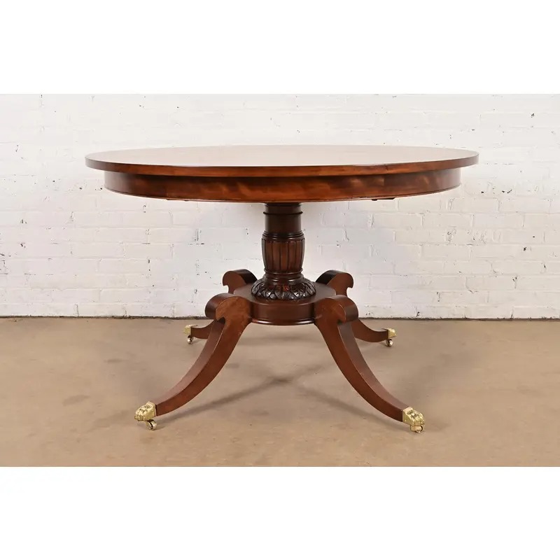 Baker Furniture Style Georgian Banded Mahogany and Burl Wood Pedestal Extension Dining Table, Newly Refinished - Image 13