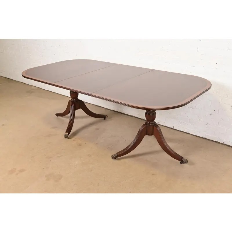 Baker Furniture Style Georgian Banded Mahogany Double Pedestal Extension Dining Table, Newly Refinished