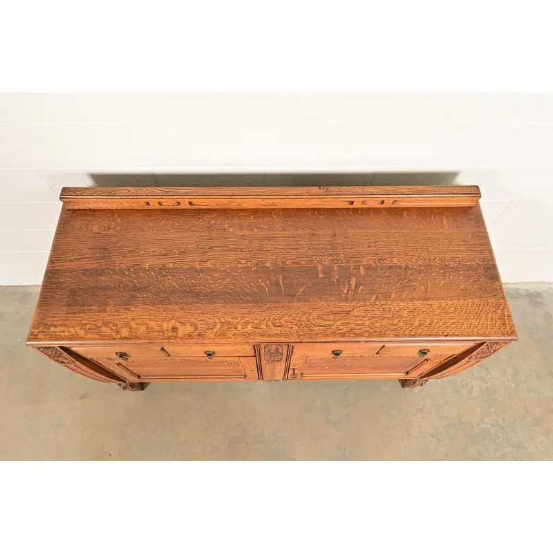 Berkey & Gay Style Antique English Jacobean Carved Oak Sideboard Buffet or Bar Cabinet, Circa 1920s - Image 13