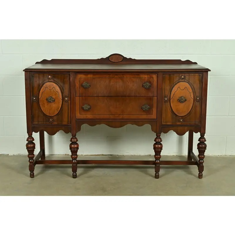 Berkey & Gay Style Antique English Jacobean Carved Walnut and Burl Wood Sideboard, Circa 1920s
