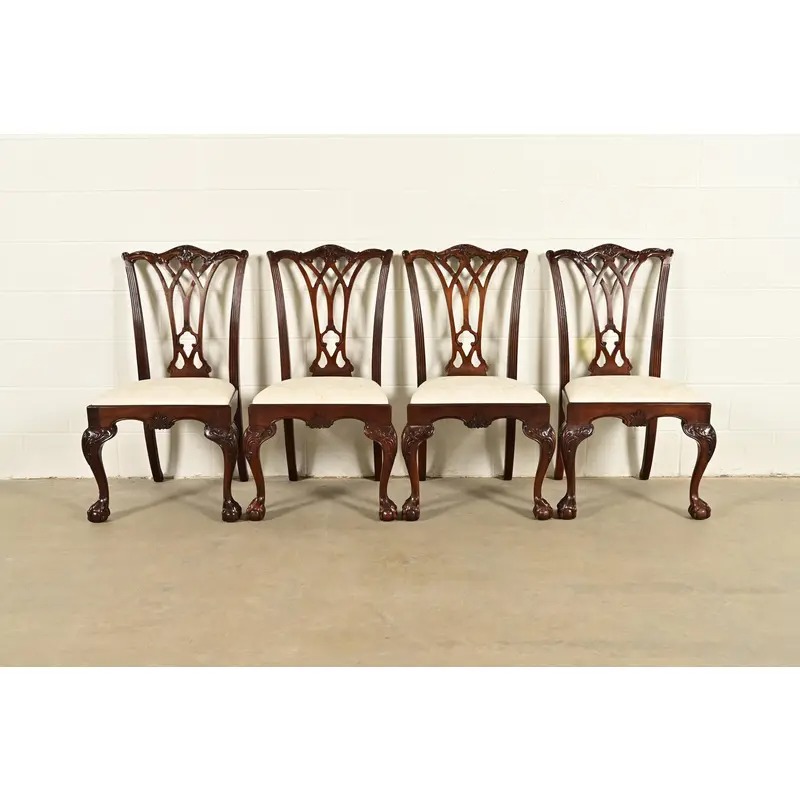 Drexel Heritage Chippendale Carved Mahogany Dining Chairs, Set of Four