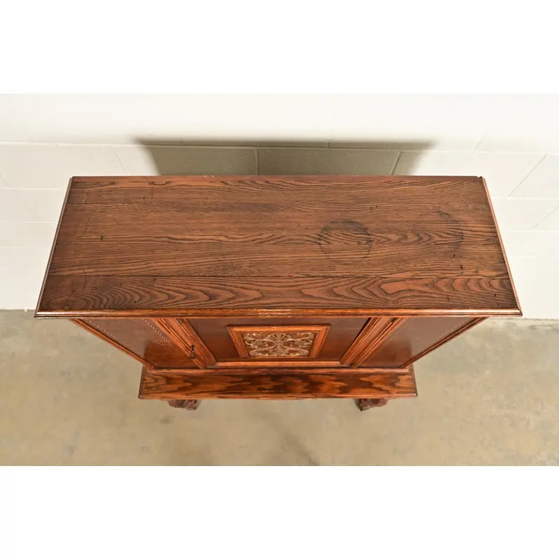 Early Romweber Antique English Jacobean Carved Oak and Burl Wood Bar Cabinet, Circa 1900 - Image 13
