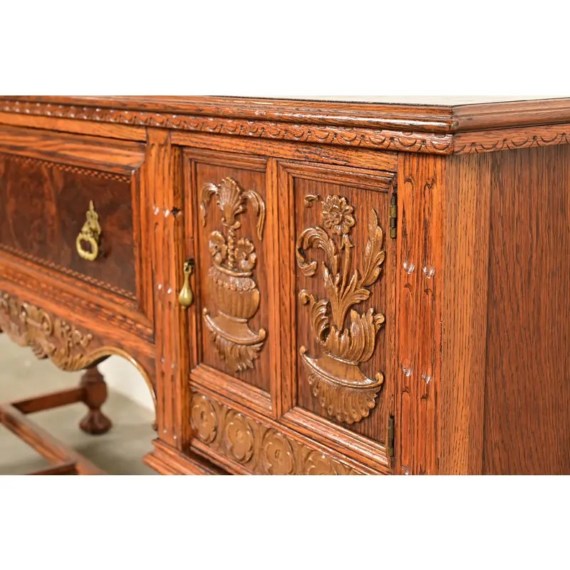 Early Romweber Antique English Jacobean Carved Oak and Burl Wood Sideboard, Circa 1900 - Image 13