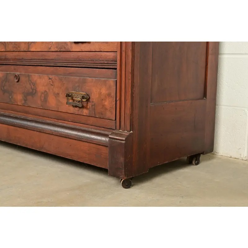 Herter Brothers Style Antique Eastlake Victorian Carved Burled Walnut Marble Top Dresser With Mirror, Circa 1880s - Image 13