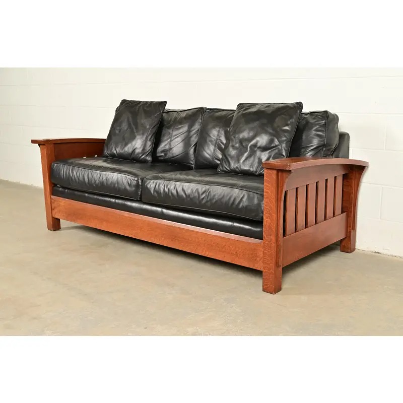 L. & J. G. Stickley Mission Oak Arts & Crafts Bow Arm Sofa