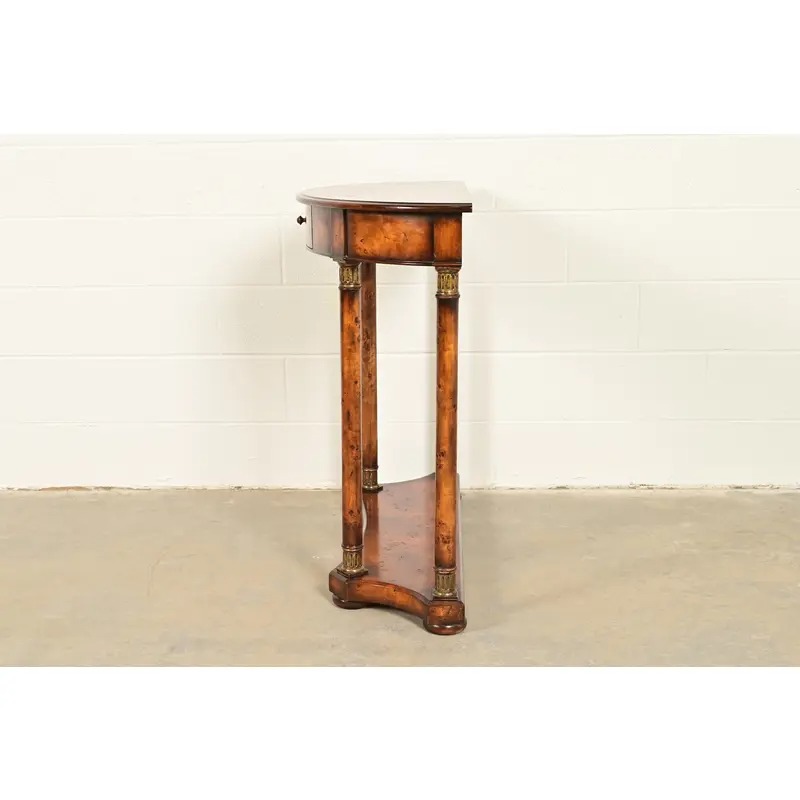 Maitland Smith Style French Empire Burl Wood and Gold Gilt Demilune Console Table - Image 13