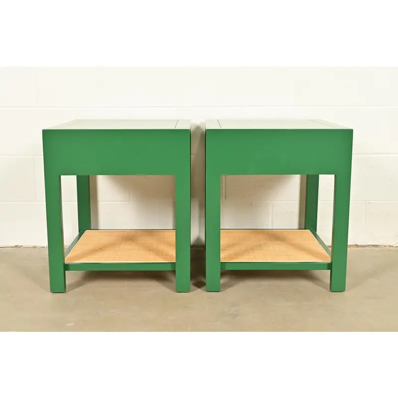 Michael Taylor for Baker Furniture Mid-Century Hollywood Regency Green Lacquer and Cane Campaign Nightstands, Newly Refinished - Image 13
