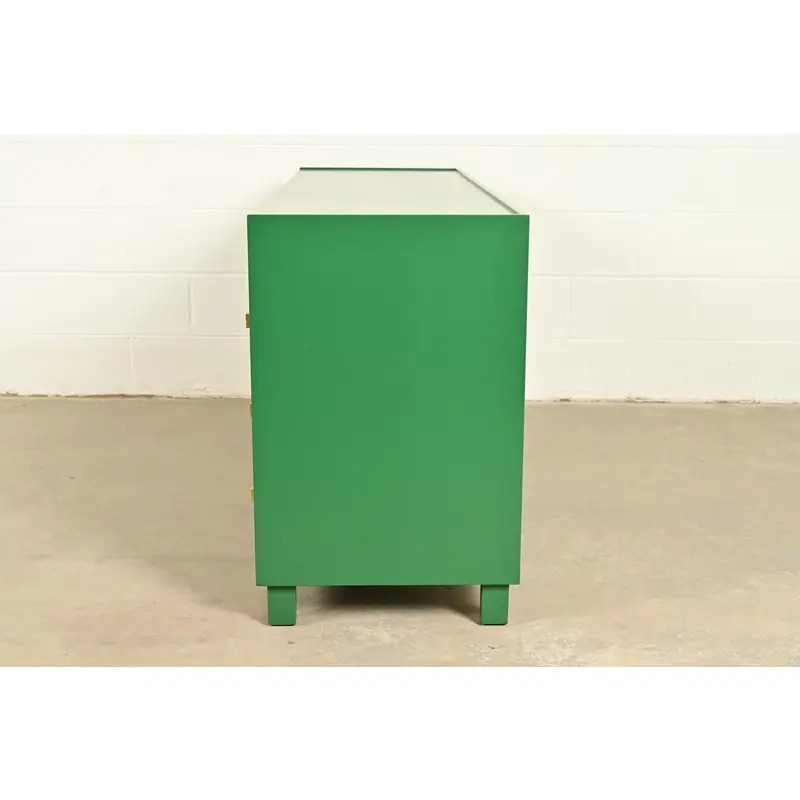 Michael Taylor for Baker Furniture Mid-Century Hollywood Regency Green Lacquered Campaign Dresser, Newly Refinished - Image 13