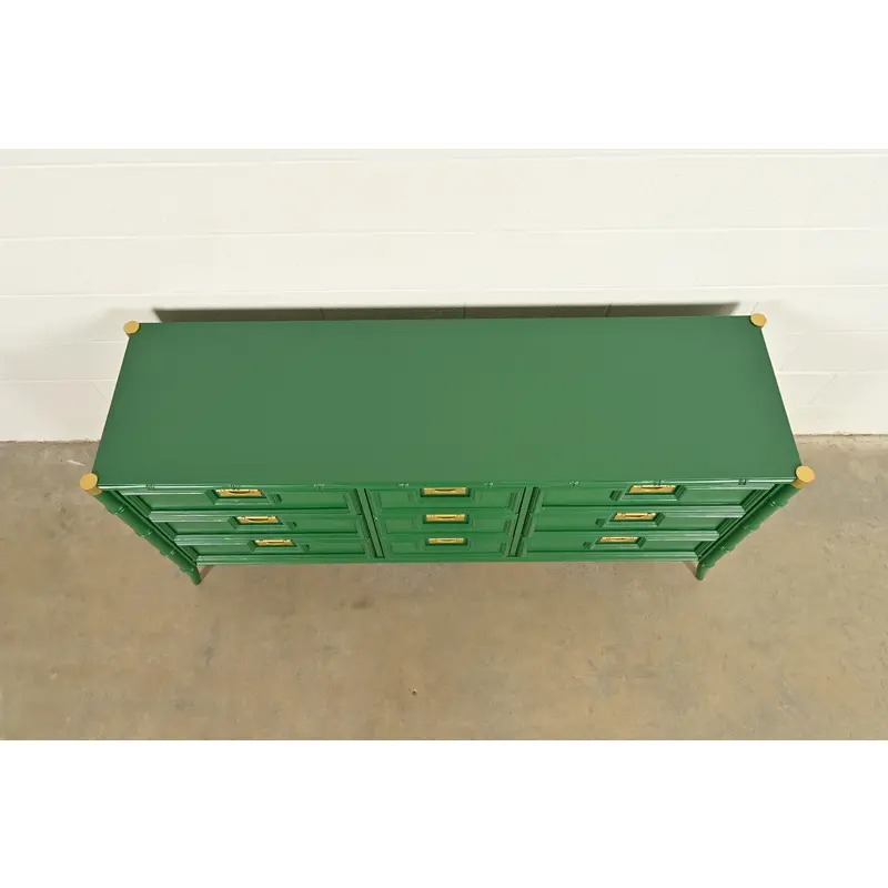 Mid-Century Hollywood Regency Campaign Green Lacquered Faux Bamboo Triple Dresser or Credenza by Stanley, Newly Refinished - Image 13