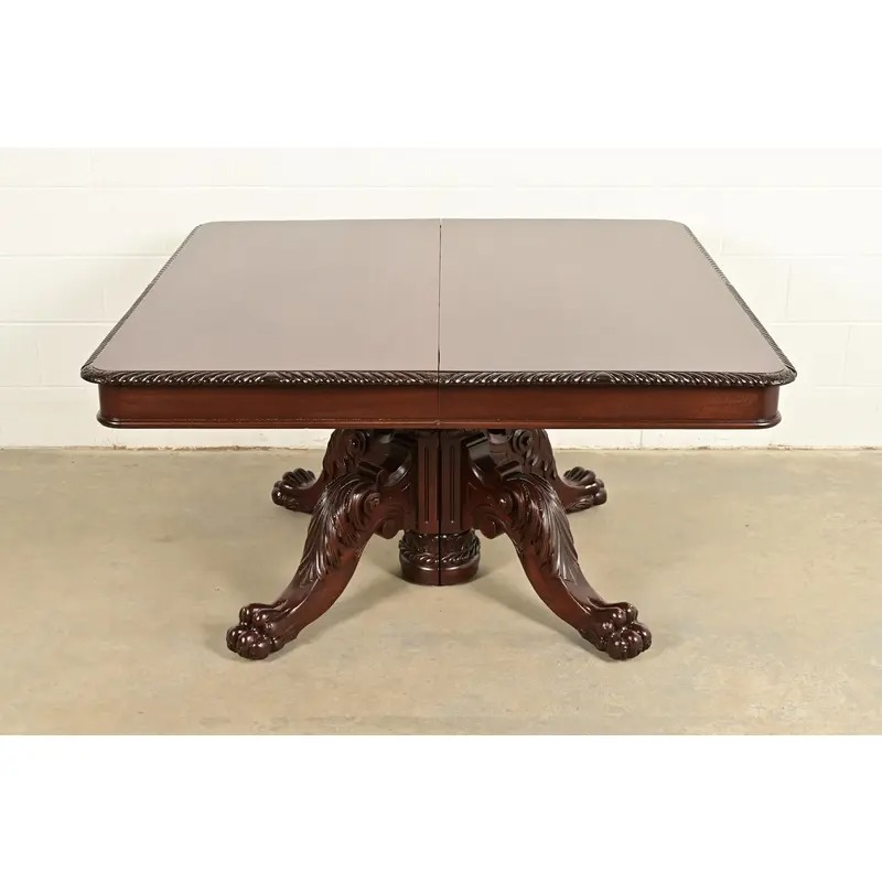 R. J. Horner Antique Victorian Carved Mahogany Split Pedestal Extension Dining Table With Lion Paw Feet, Newly Refinished