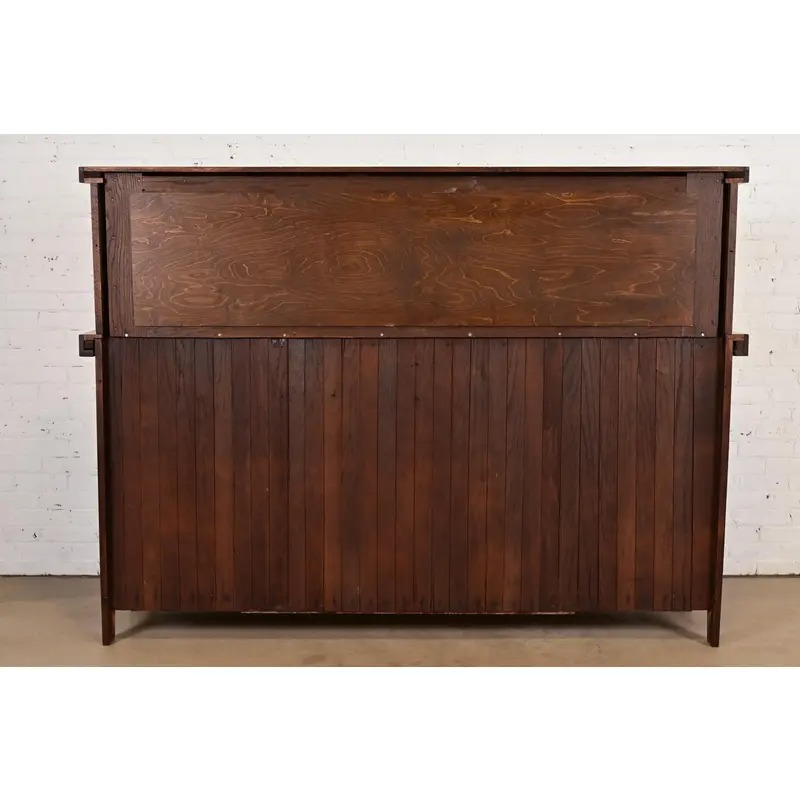 Antique Arts & Crafts Carved Oak Sideboard or Bar Cabinet With Stained Glass Doors, Newly Refinished - Image 14