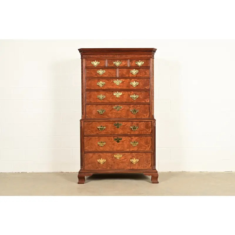 Baker Furniture Historic Charleston Chippendale Carved Mahogany and Burl Wood Eleven-Drawer Highboy Dresser