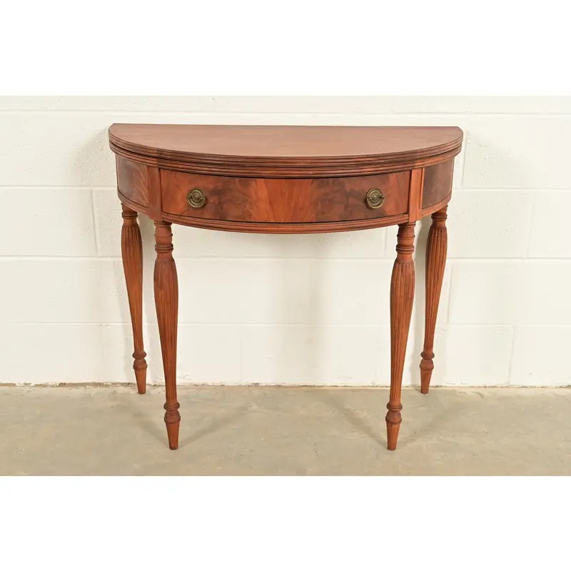 Baker Furniture Style Antique Federal Flame Mahogany Flip Top Demilune Console Game Table, Circa 1920s