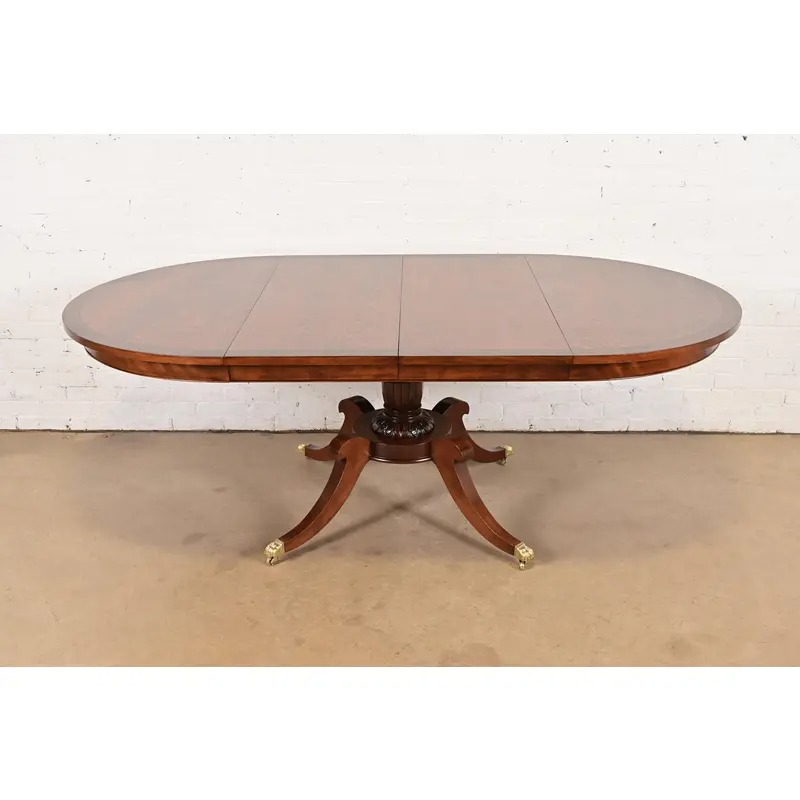 Baker Furniture Style Georgian Banded Mahogany and Burl Wood Pedestal Extension Dining Table, Newly Refinished