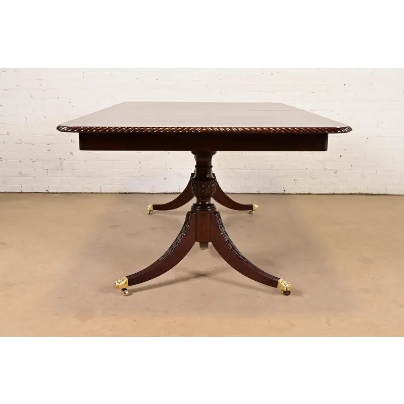 Baker Furniture Style Georgian Mahogany Double Pedestal Extension Dining Table, Newly Refinished - Image 14