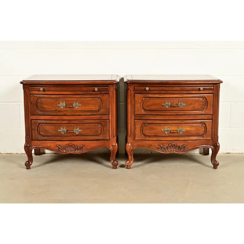 Century Furniture French Provincial Louis XV Carved Cherry Wood Nightstands, Pair