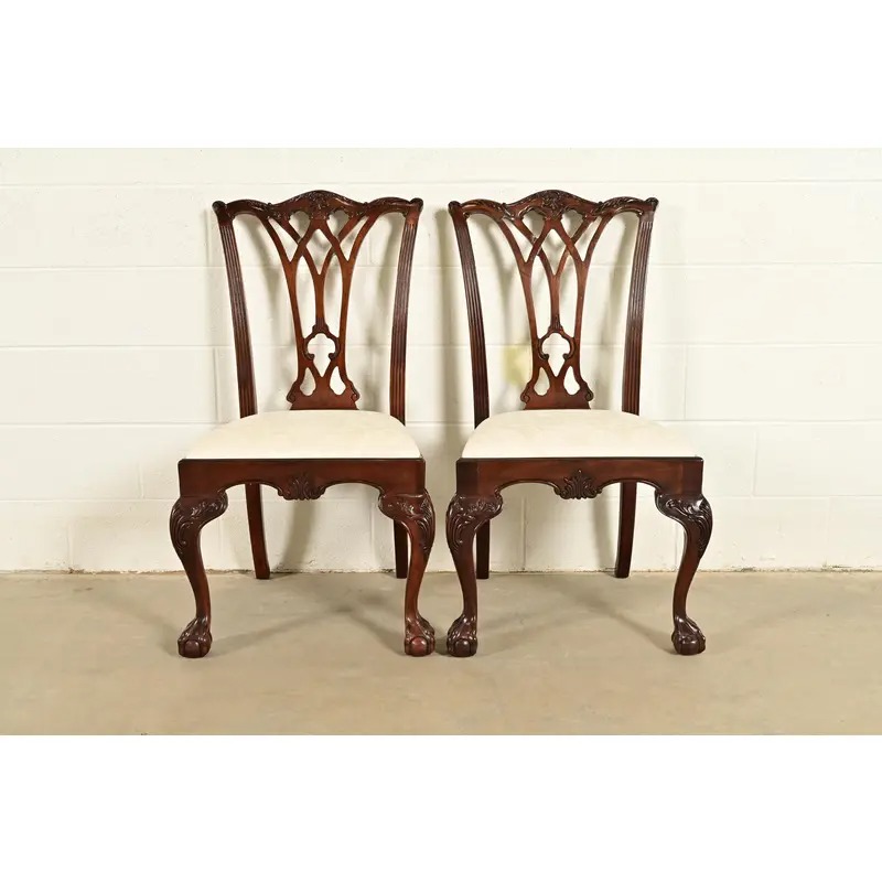 Drexel Heritage Chippendale Carved Mahogany Side Chairs or Dining Chairs, Pair