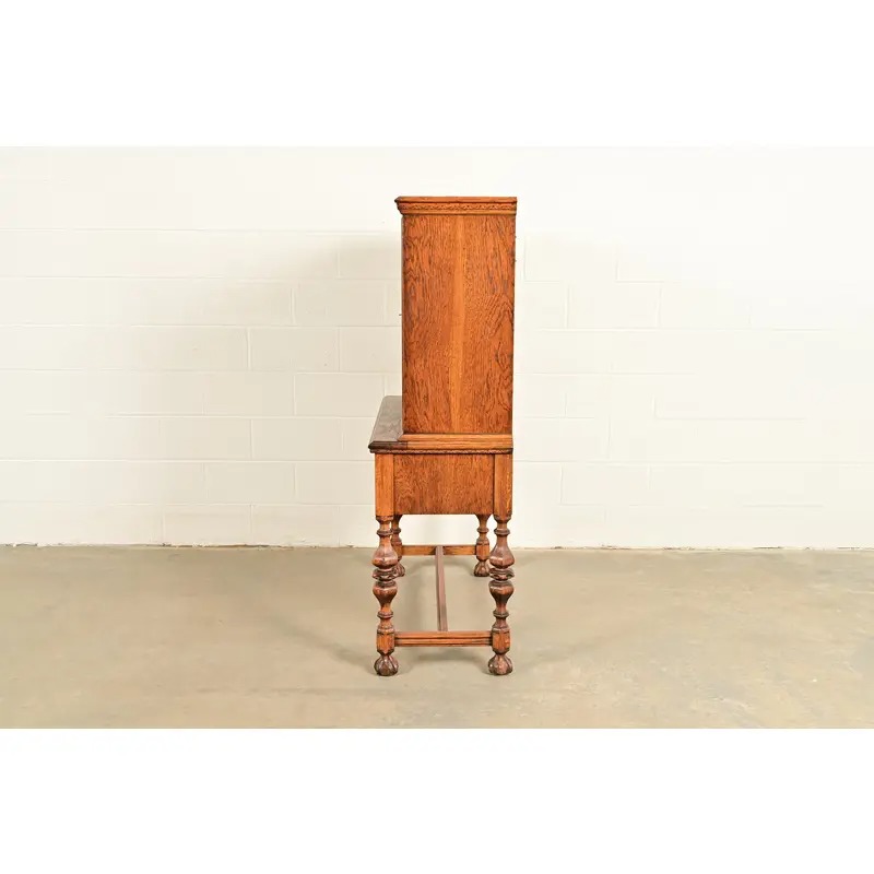 Early Romweber Antique English Jacobean Carved Oak and Burl Wood Bar Cabinet, Circa 1900 - Image 14