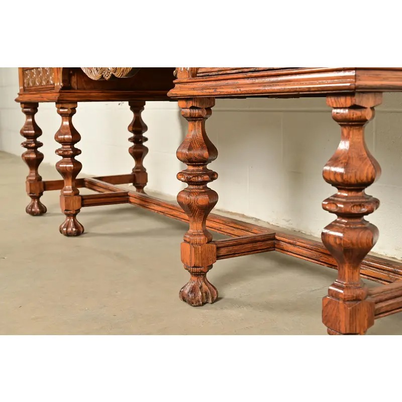 Early Romweber Antique English Jacobean Carved Oak and Burl Wood Sideboard, Circa 1900 - Image 14