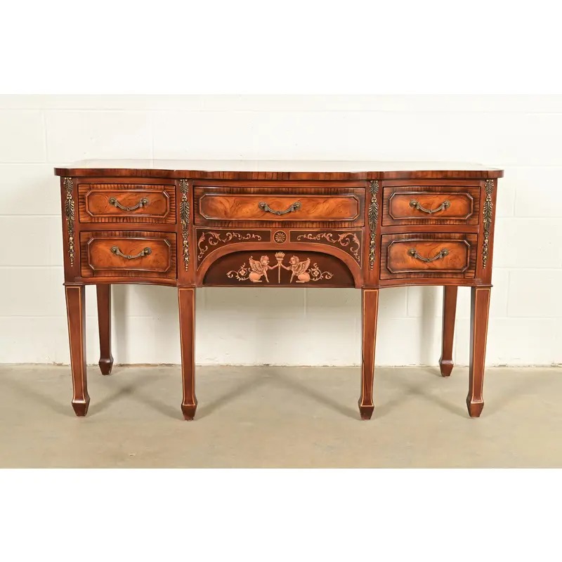 Maitland Smith Style French Regency Louis XVI Carved Mahogany and Burl Wood Sideboard Credenza