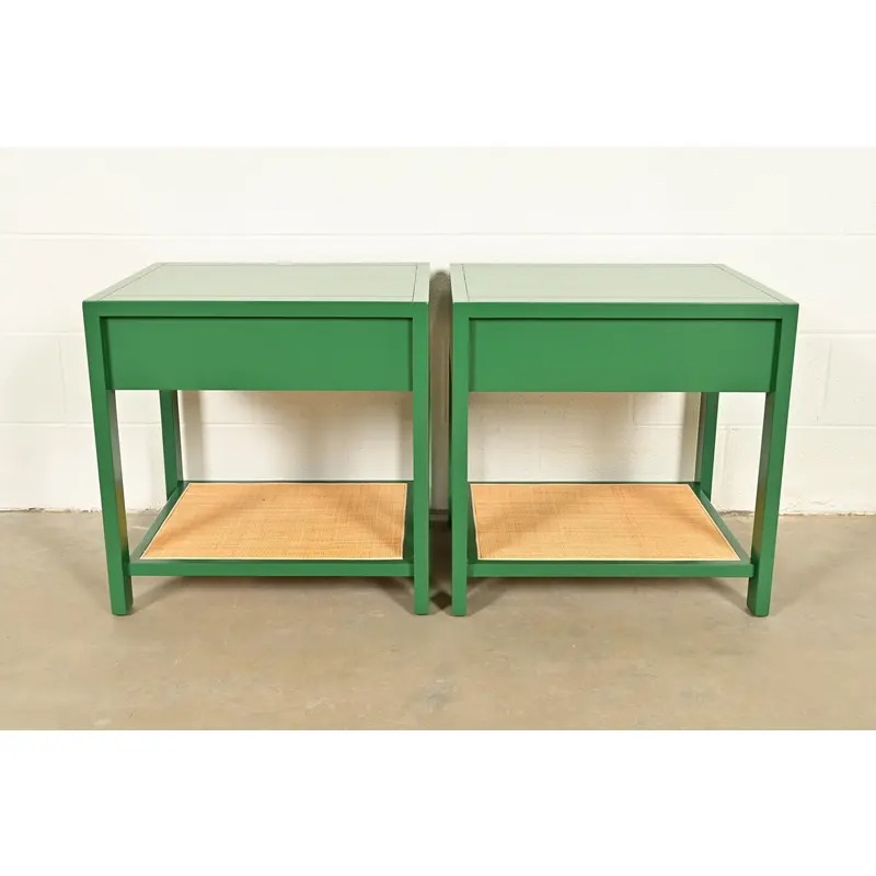 Michael Taylor for Baker Furniture Mid-Century Hollywood Regency Green Lacquer and Cane Campaign Nightstands, Newly Refinished - Image 14