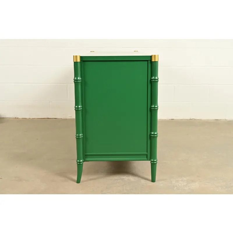 Mid-Century Hollywood Regency Campaign Green Lacquered Faux Bamboo Triple Dresser or Credenza by Stanley, Newly Refinished - Image 14