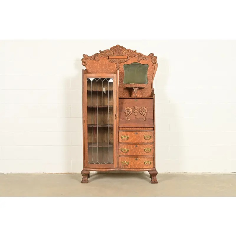 Antique Victorian Carved Tiger Oak Side-by-Side Bookcase With Drop Front Secretary Desk, Circa 1900