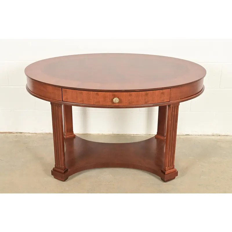 Baker Furniture French Empire Carved Cherry and Burl Wood Library Table or Center Table, Newly Refinished