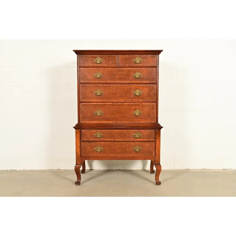 Baker Furniture Georgian Carved Walnut and Burl Wood Seven-Drawer Highboy Dresser, Circa 1960s - Image 2