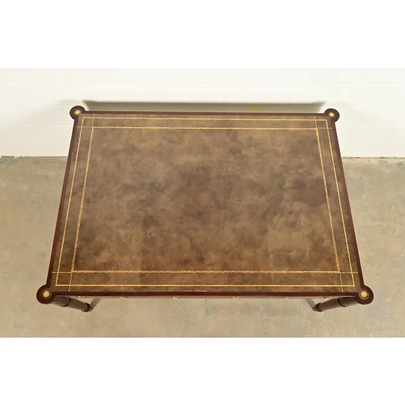 Baker Furniture Stately Homes Collection English Regency Carved Mahogany Leather Top Partner's Desk - Image 15