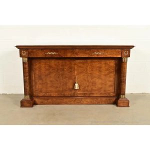 Baker Furniture Style French Empire Burl Wood Sideboard or Bar Cabinet With Mounted Ormolu