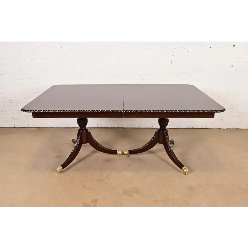 Baker Furniture Style Georgian Mahogany Double Pedestal Extension Dining Table, Newly Refinished