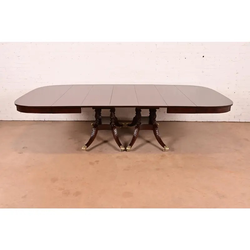 Baker Furniture Style Georgian Mahogany Double Pedestal Extension Dining Table, Newly Refinished