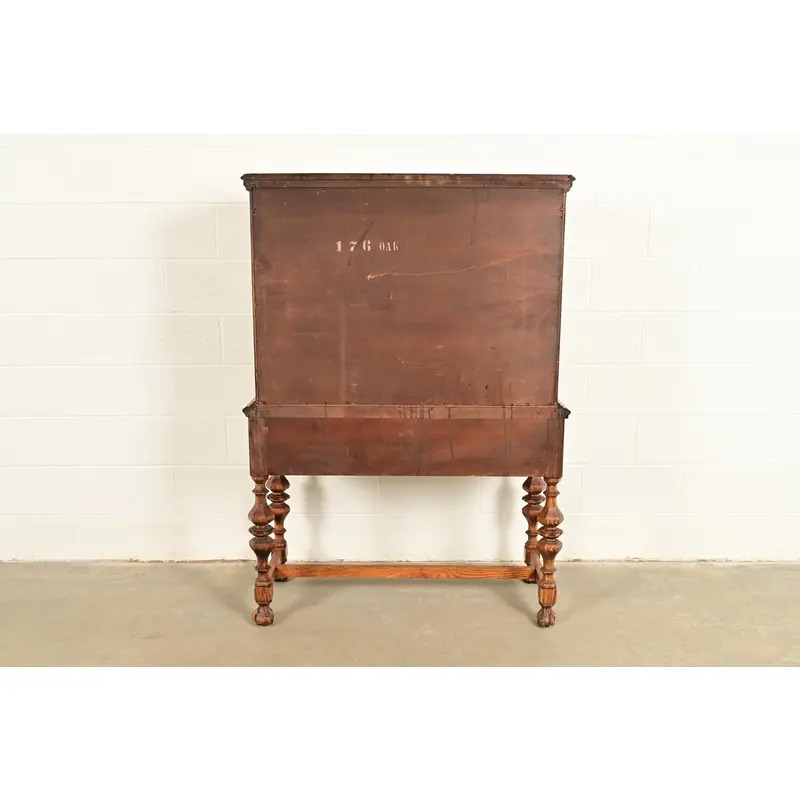Early Romweber Antique English Jacobean Carved Oak and Burl Wood Bar Cabinet, Circa 1900 - Image 15