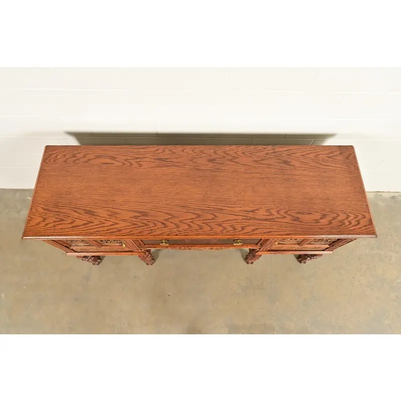 Early Romweber Antique English Jacobean Carved Oak and Burl Wood Sideboard, Circa 1900 - Image 15