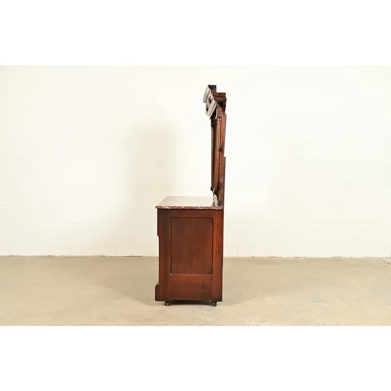 Herter Brothers Style Antique Eastlake Victorian Carved Burled Walnut Marble Top Dresser With Mirror, Circa 1880s - Image 15
