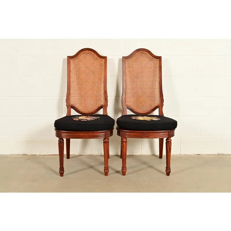 Karges Style French Regency Louis XVI Carved Solid Teak and Cane Back Side Chairs or Dining Chairs, Pair