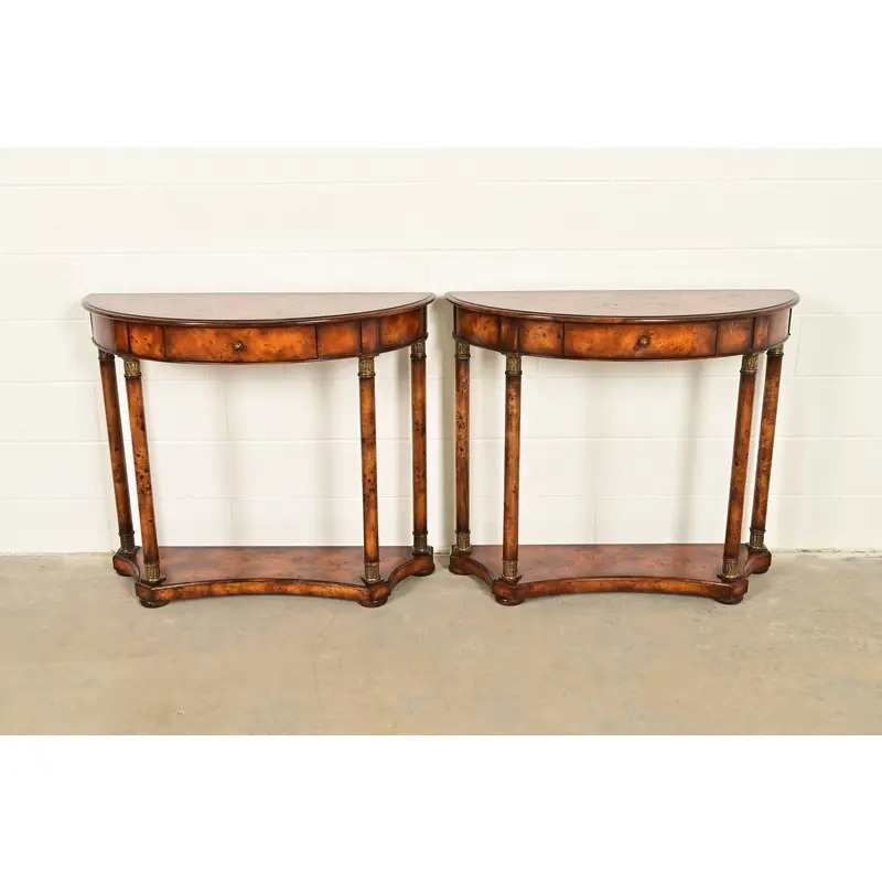 Maitland Smith Style French Empire Burl Wood and Gold Gilt Demilune Console Table - Image 15