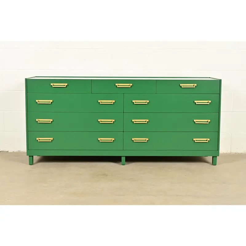 Michael Taylor for Baker Furniture Mid-Century Hollywood Regency Green Lacquered Campaign Dresser, Newly Refinished