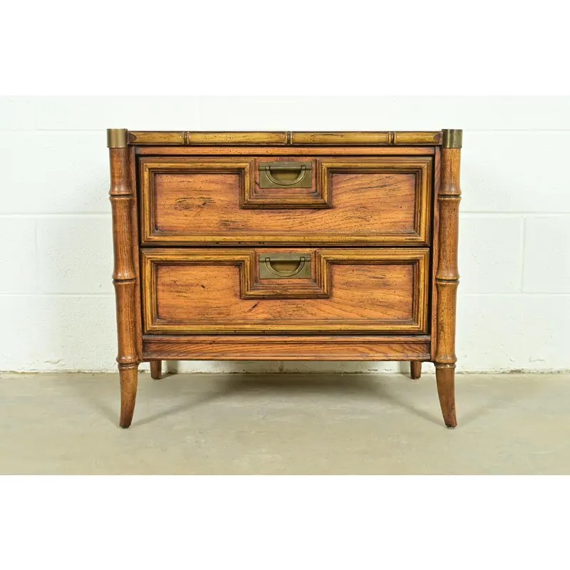 Mid-Century Hollywood Regency Campaign Carved Walnut Faux Bamboo Nightstand by Stanley, Circa 1960s