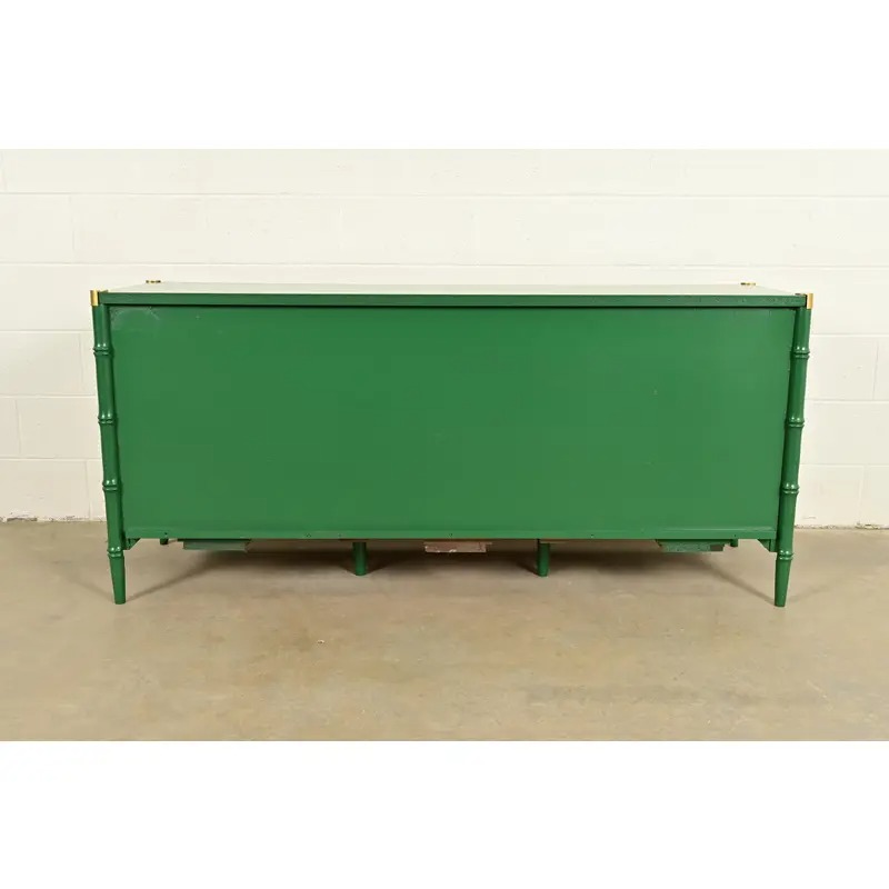 Mid-Century Hollywood Regency Campaign Green Lacquered Faux Bamboo Triple Dresser or Credenza by Stanley, Newly Refinished - Image 15