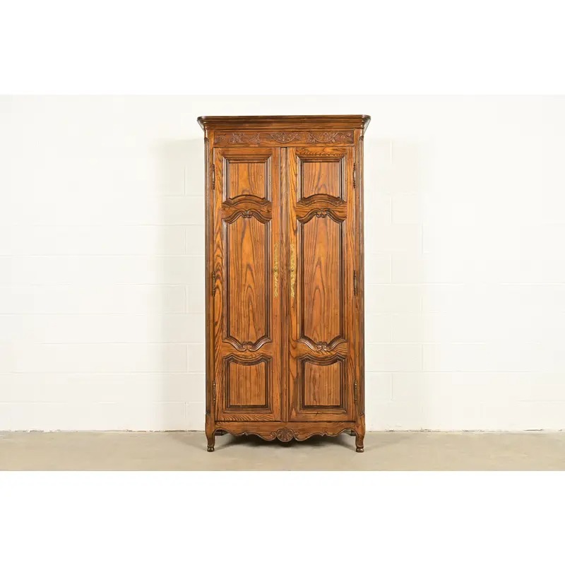 Baker Furniture French Provincial Louis XV Carved Oak Armoire Dresser or Linen Press, Circa 1960s