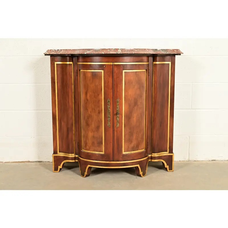 Baker Furniture Italian Provincial Carved Cherry Wood, Parcel Gilt, and Marble Top Demilune Sideboard or Bar Cabinet