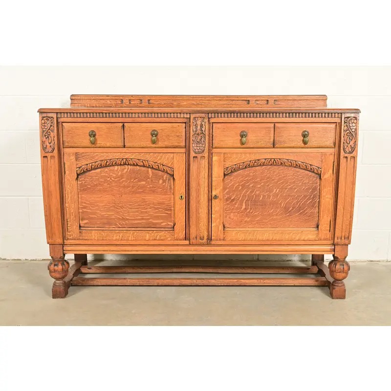 Berkey & Gay Style Antique English Jacobean Carved Oak Sideboard Buffet or Bar Cabinet, Circa 1920s