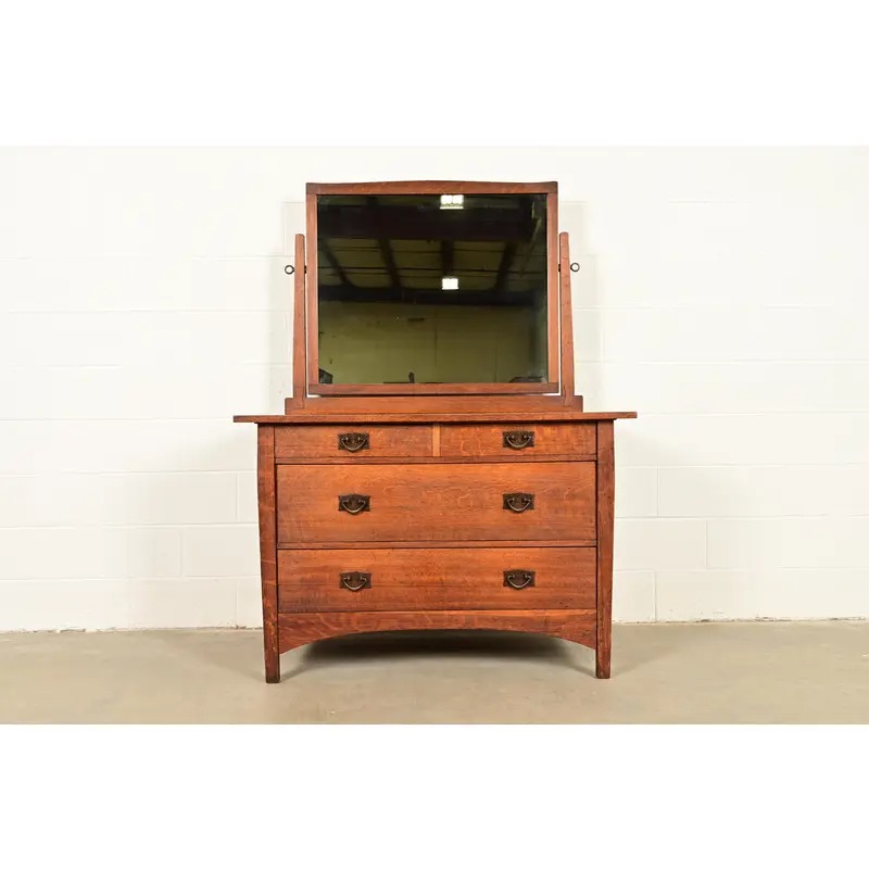 Gustav Stickley Antique Mission Oak Arts & Crafts Dresser With Mirror, Circa 1910