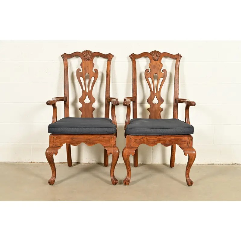 Henredon Georgian Carved Solid Oak Armchairs, Pair
