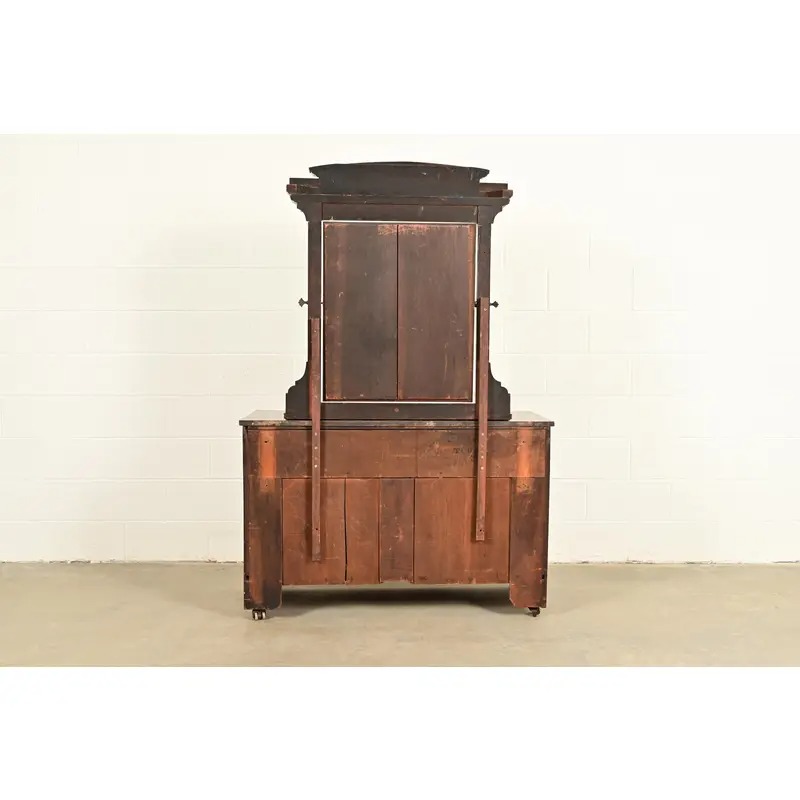 Herter Brothers Style Antique Eastlake Victorian Carved Burled Walnut Marble Top Dresser With Mirror, Circa 1880s - Image 16